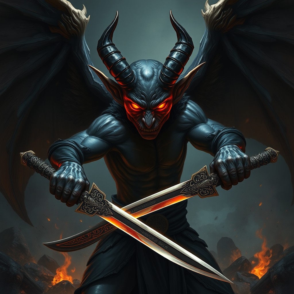 A detailed representation of a winged tiefling assassin with small, forward-pointing horns protruding from his brow