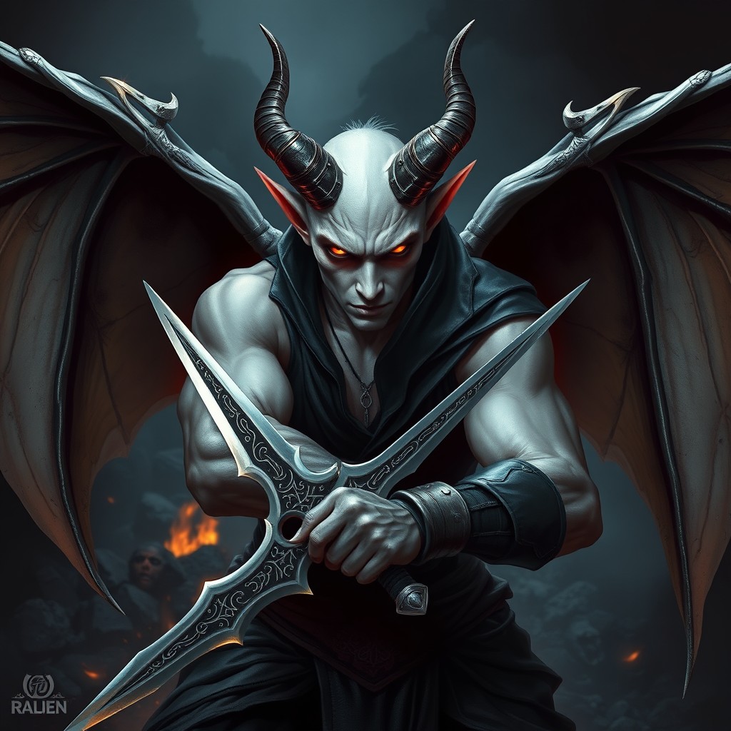 A striking portrayal of a winged, pale-skinned, handsome tiefling assassin with small, forward-pointing horns emerging from his brow