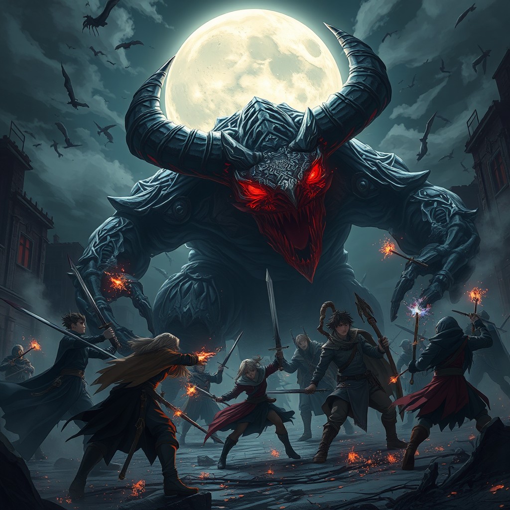 An epic scene inspired by Solo Leveling featuring the NyxBorn guild engaged in a fierce battle against a giant, horned monster with glowing crimson eyes