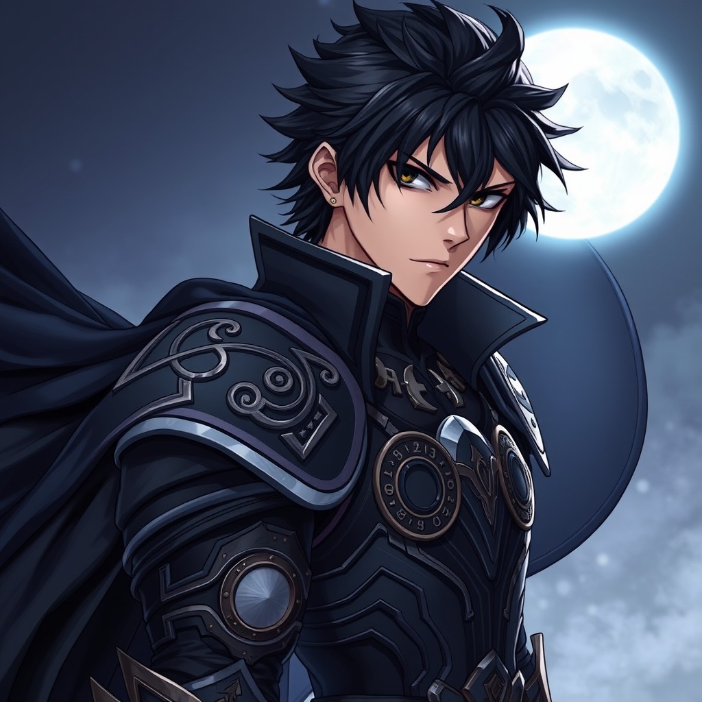 A character portrait in the style of Solo Leveling, featuring a tall male guild master of 'NyxBorn'