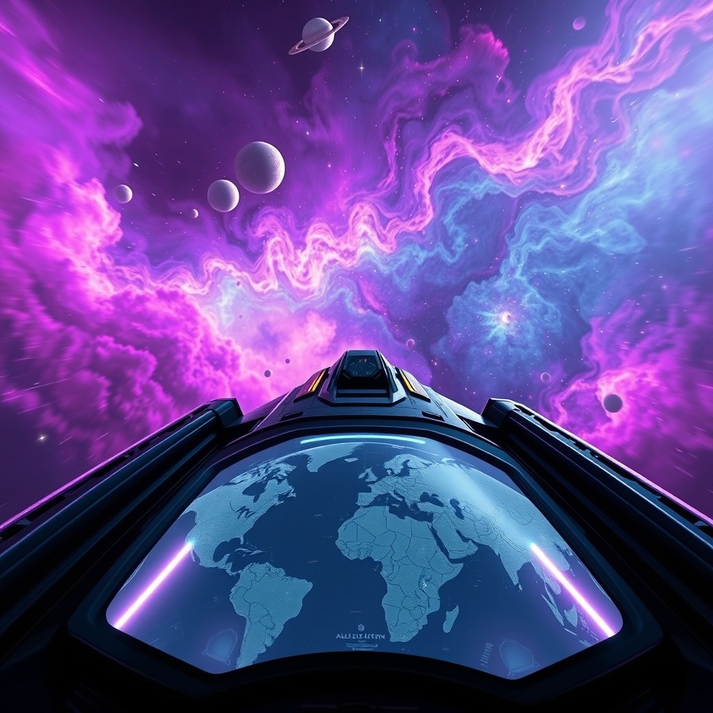 A visually stunning digital art scene of space exploration featuring a futuristic spaceship navigating through a vibrant nebula filled with swirling colors of purple, blue, and pink