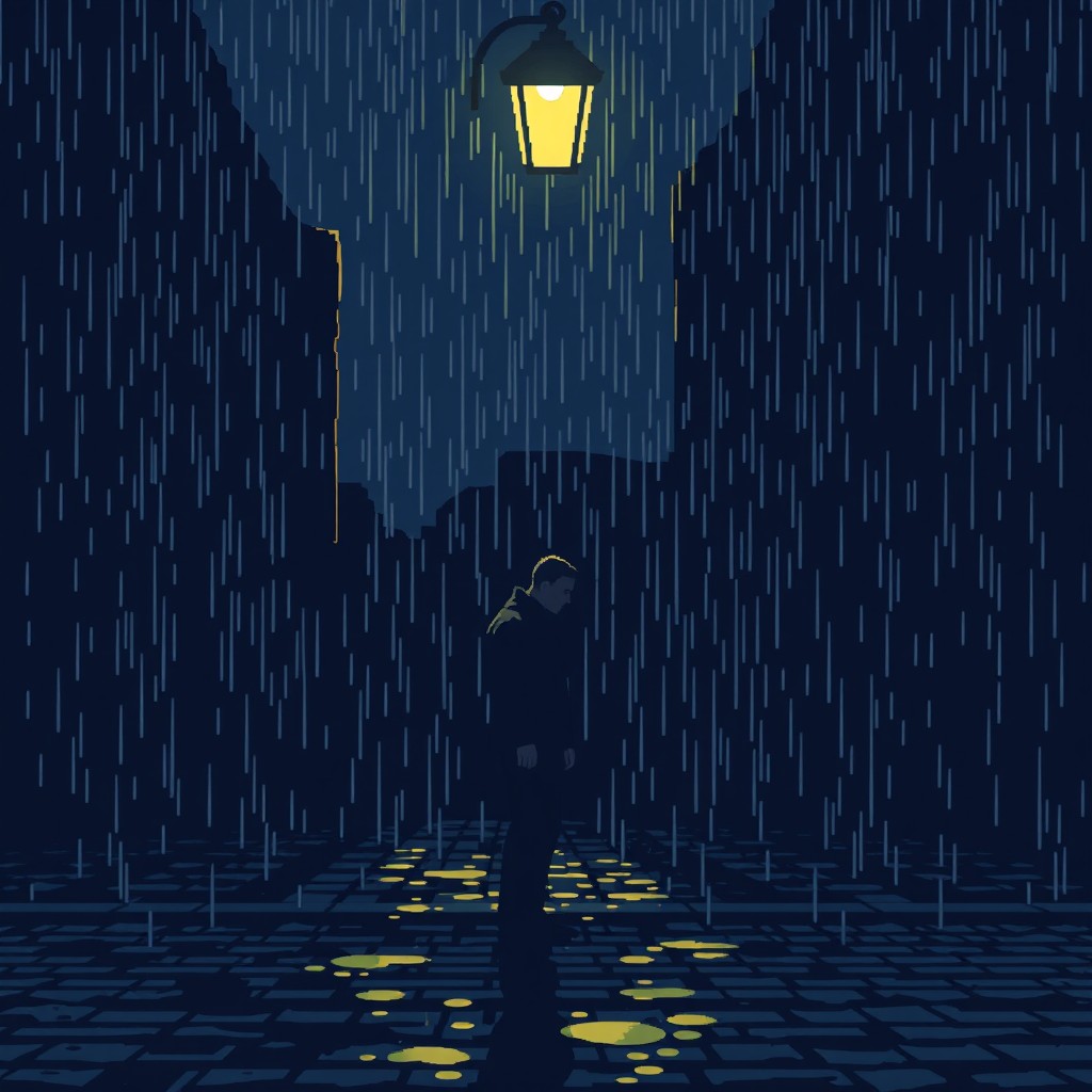 A pixel art scene depicting a rainy dark night with a solitary man standing under a street lamp
