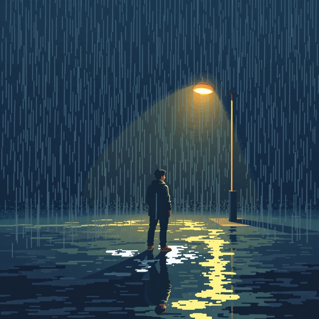 A pixel art scene showcasing a rainy night with a lone man standing under a glowing street lamp