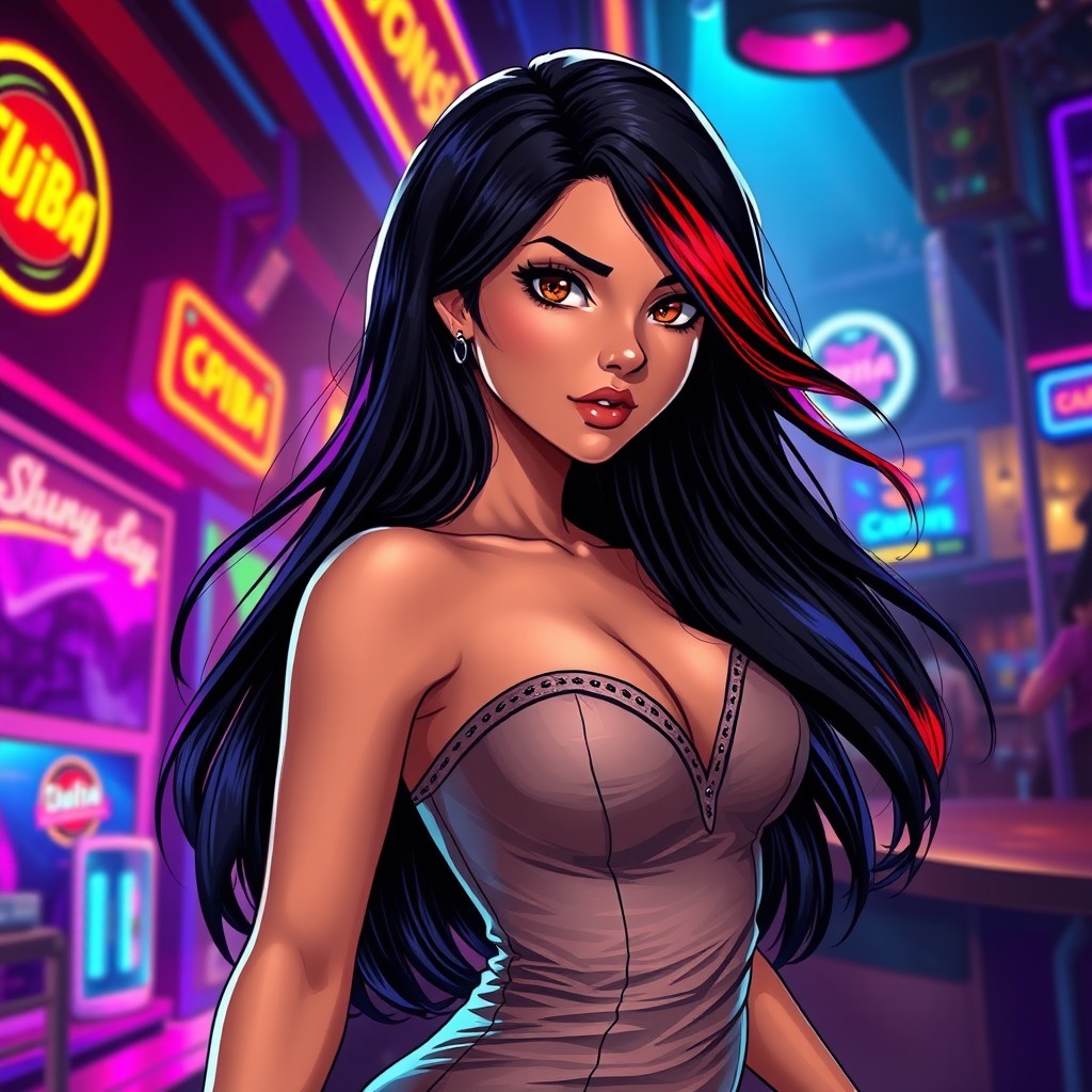 A charismatic Latina with captivating brown eyes and long flowing dark hair accented with vibrant red highlights