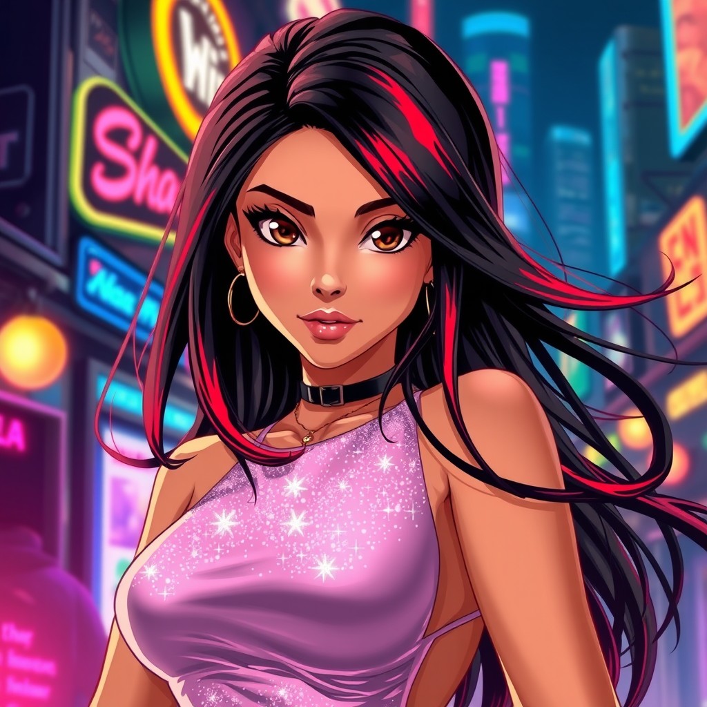 A charismatic Latina with mesmerizing brown eyes and long flowing dark hair highlighted with striking red strands