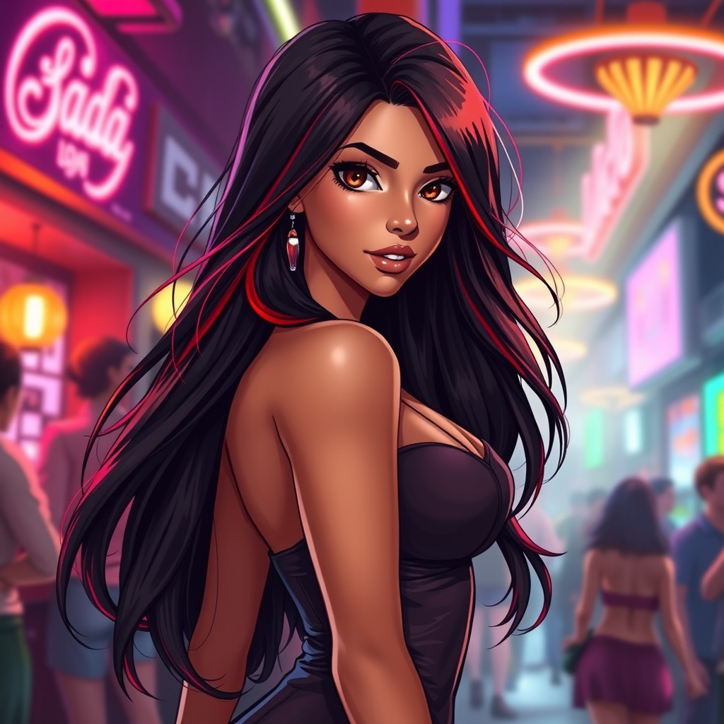 A charismatic Latina with mesmerizing brown eyes and long flowing dark hair highlighted with vibrant red strands
