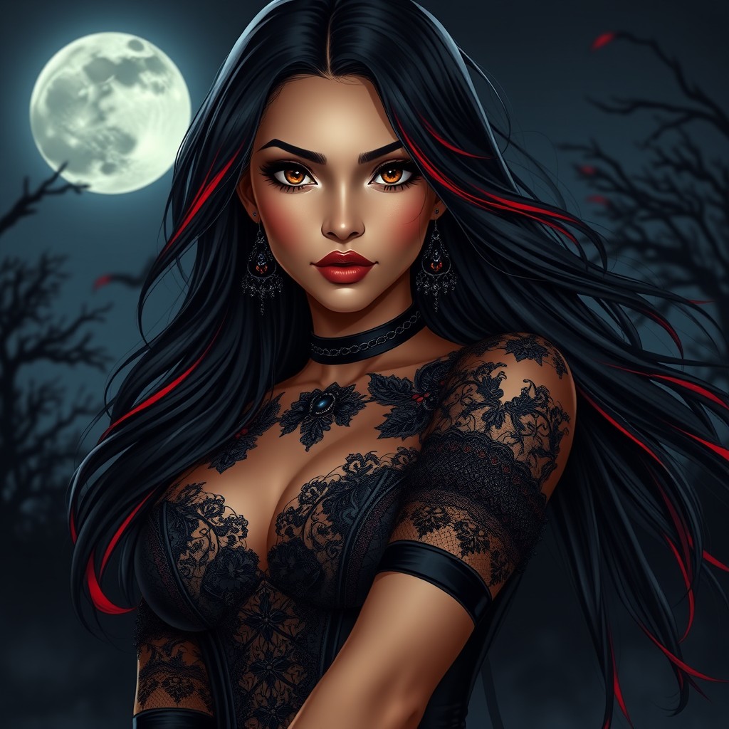 A charismatic Latina woman with mesmerizing brown eyes, long flowing dark hair enhanced with bold red highlights, and a slight tan complexion