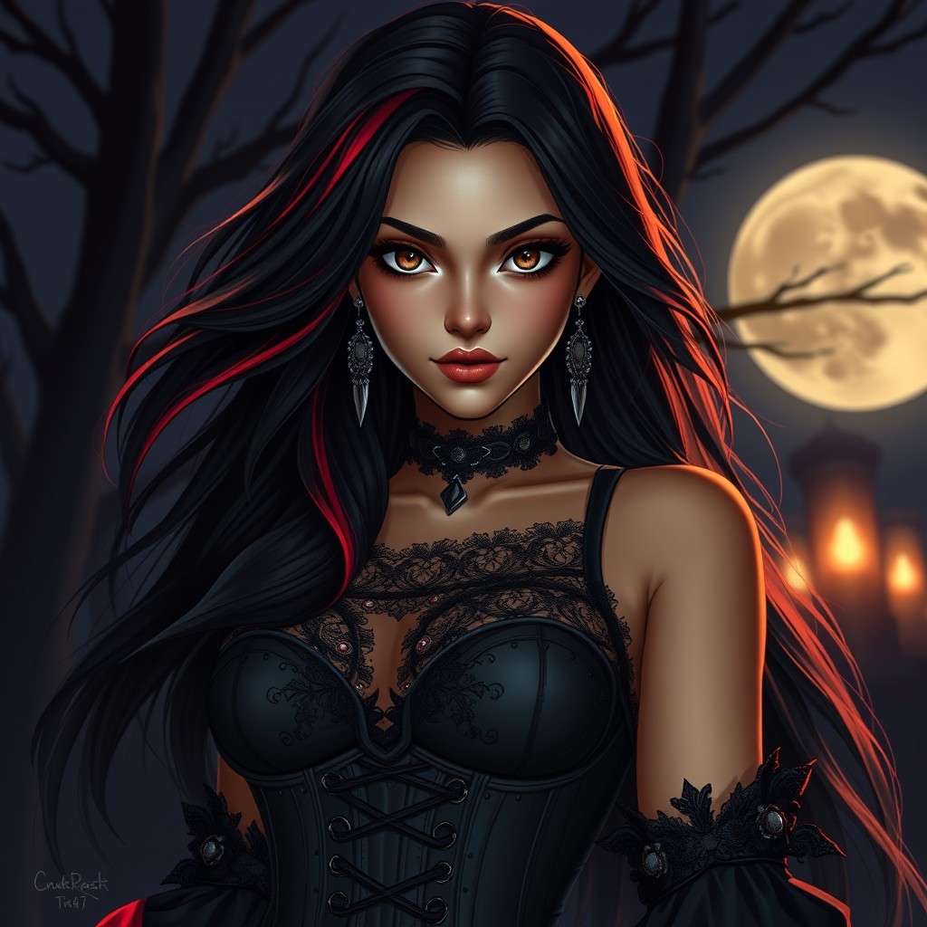 A charismatic Latina woman with mesmerizing brown eyes, long flowing dark hair adorned with bold red highlights, and a slight tan complexion