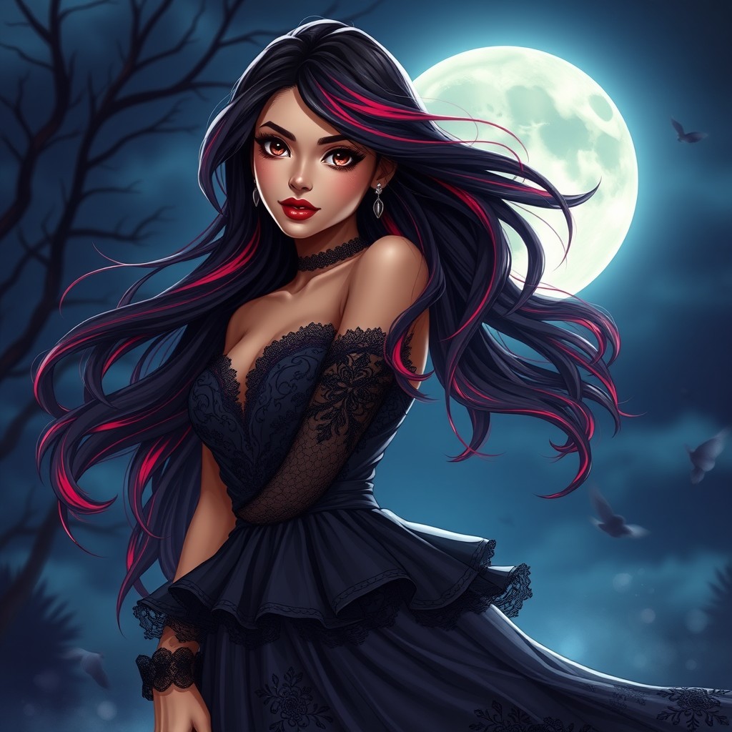 A charismatic Latina woman with mesmerizing brown eyes, long flowing dark hair adorned with striking red highlights, and a slight tan complexion