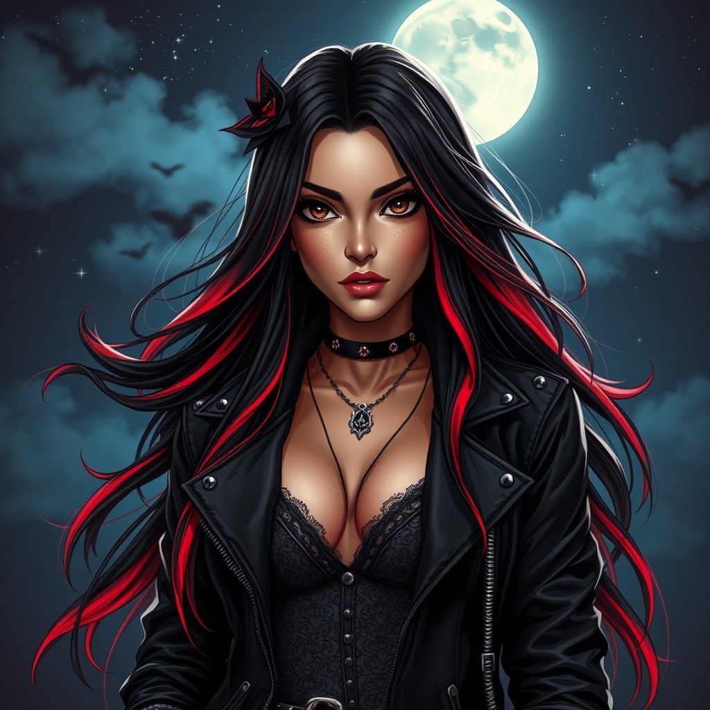 A charismatic Latina woman with mesmerizing brown eyes and long flowing dark hair adorned with striking red highlights, showcasing a slight tan complexion