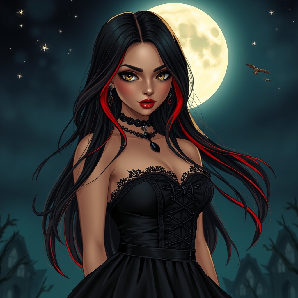 A charismatic Latina woman with mesmerizing brown eyes, her long flowing dark hair featuring striking red highlights, showcasing her slight tan complexion