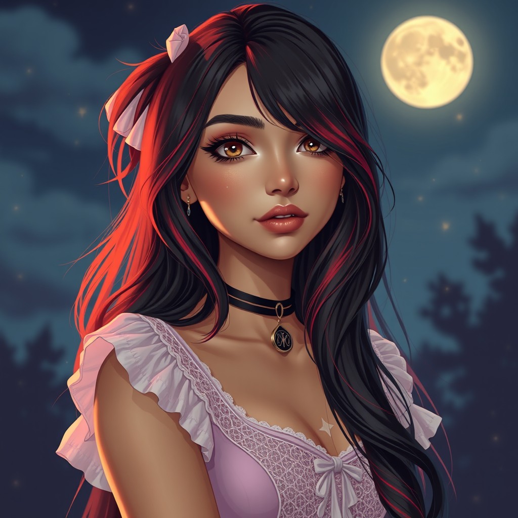 A charismatic Latina woman with mesmerizing brown eyes and long flowing dark hair featuring striking red highlights, showcasing her slight tan complexion