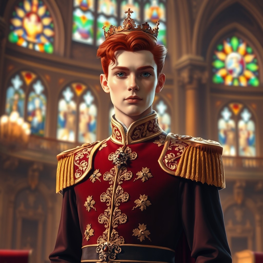 A royal scene featuring a red-haired crown prince with a lean figure, dressed in luxurious royal attire adorned with intricate gold embroidery