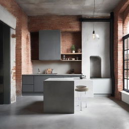 Architecturally stunning kitchen with elements of raw concrete and exposed brick.