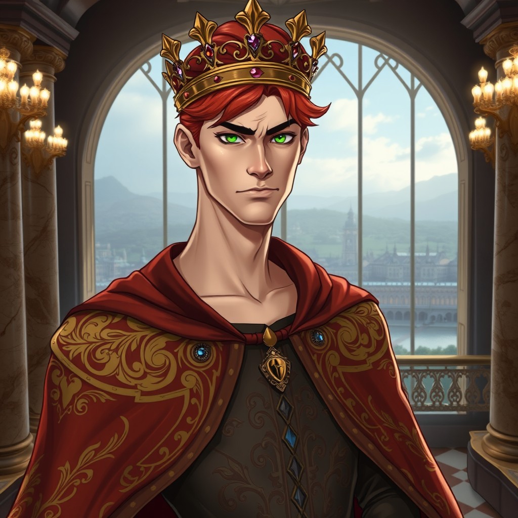 A cunning red-haired crown prince, depicted with a lean yet athletic figure