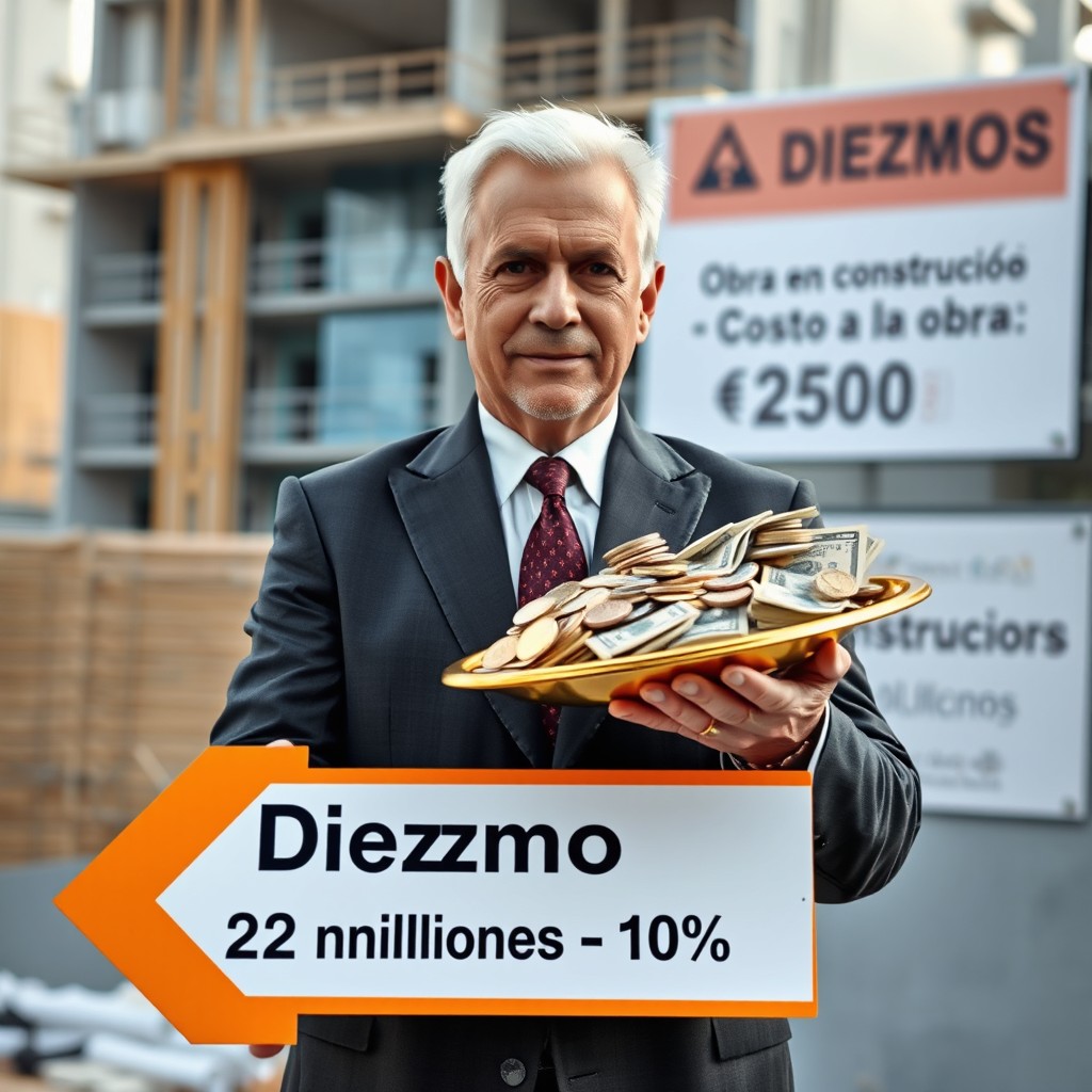 A 50-year-old man with short white hair, dressed in an elegant suit, holds a golden platter filled with cash, including coins and bills