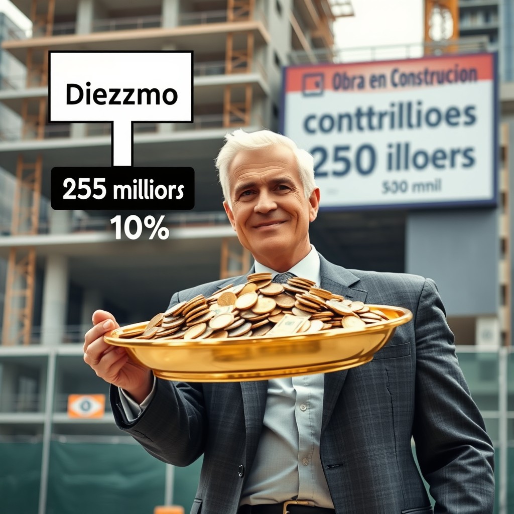 A 50-year-old man with short white hair, dressed in a tailored suit, confidently holds a large golden tray overflowing with money including coins and bills
