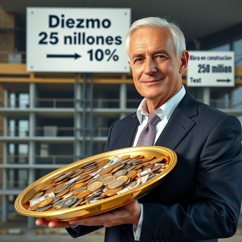 A 50-year-old man with short white hair, elegantly dressed in a tailored suit, is holding a large golden tray filled with an abundance of money, including both coins and bills