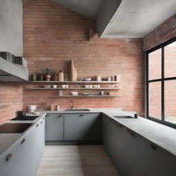 Architecturally stunning kitchen with elements of raw concrete and exposed brick.