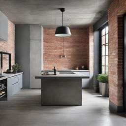 Architecturally stunning kitchen with elements of raw concrete and exposed brick.