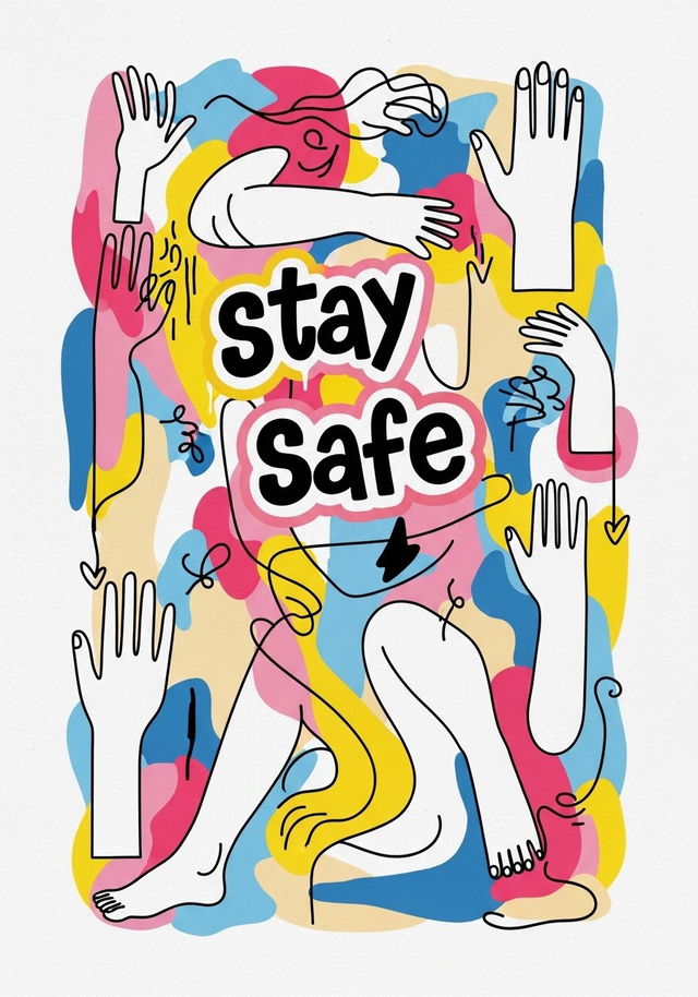 An abstract surrealist artwork featuring simple squiggly lines outlining various body parts, such as hands and limbs, rendered in a minimalist style