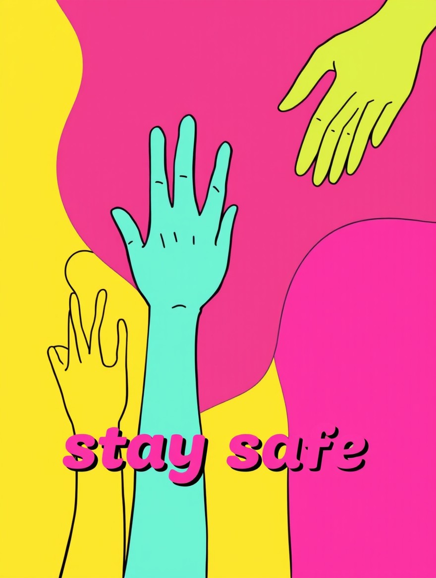 An abstract surrealist artwork featuring simple squiggly lines outlining various body parts, such as hands and limbs, rendered in a minimalist style