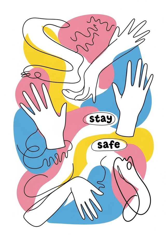 An abstract surrealist artwork featuring simple squiggly lines outlining various body parts, such as hands and limbs, rendered in a minimalist style