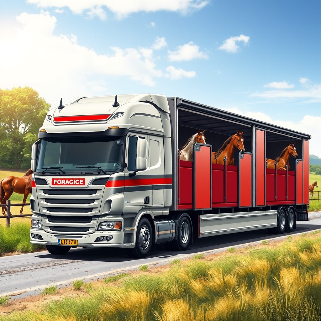 A detailed and realistic illustration of a two-axle truck tractor with a closed box semi-trailer specifically designed for horse transport, capable of carrying 18 horses