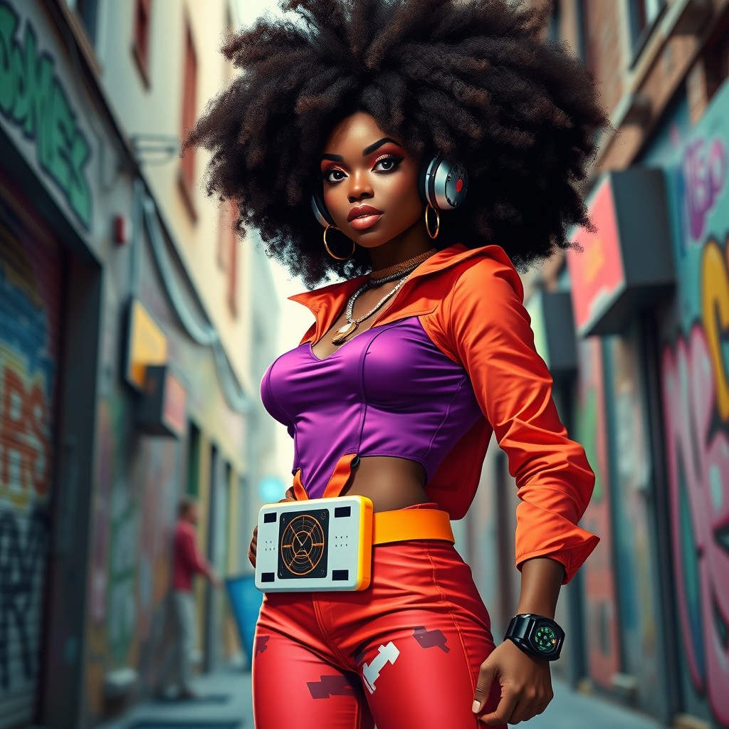 A female Black superhero inspired by the 1990s, featuring large, curly hair styled in a classic 90s fashion