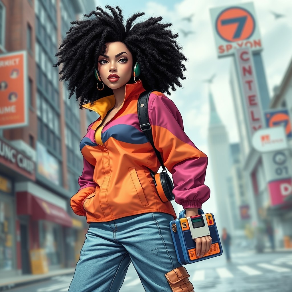 A powerful female hero with rich, curly black hair styled in the iconic fashion of the 1990s, showcasing her strong and independent attitude