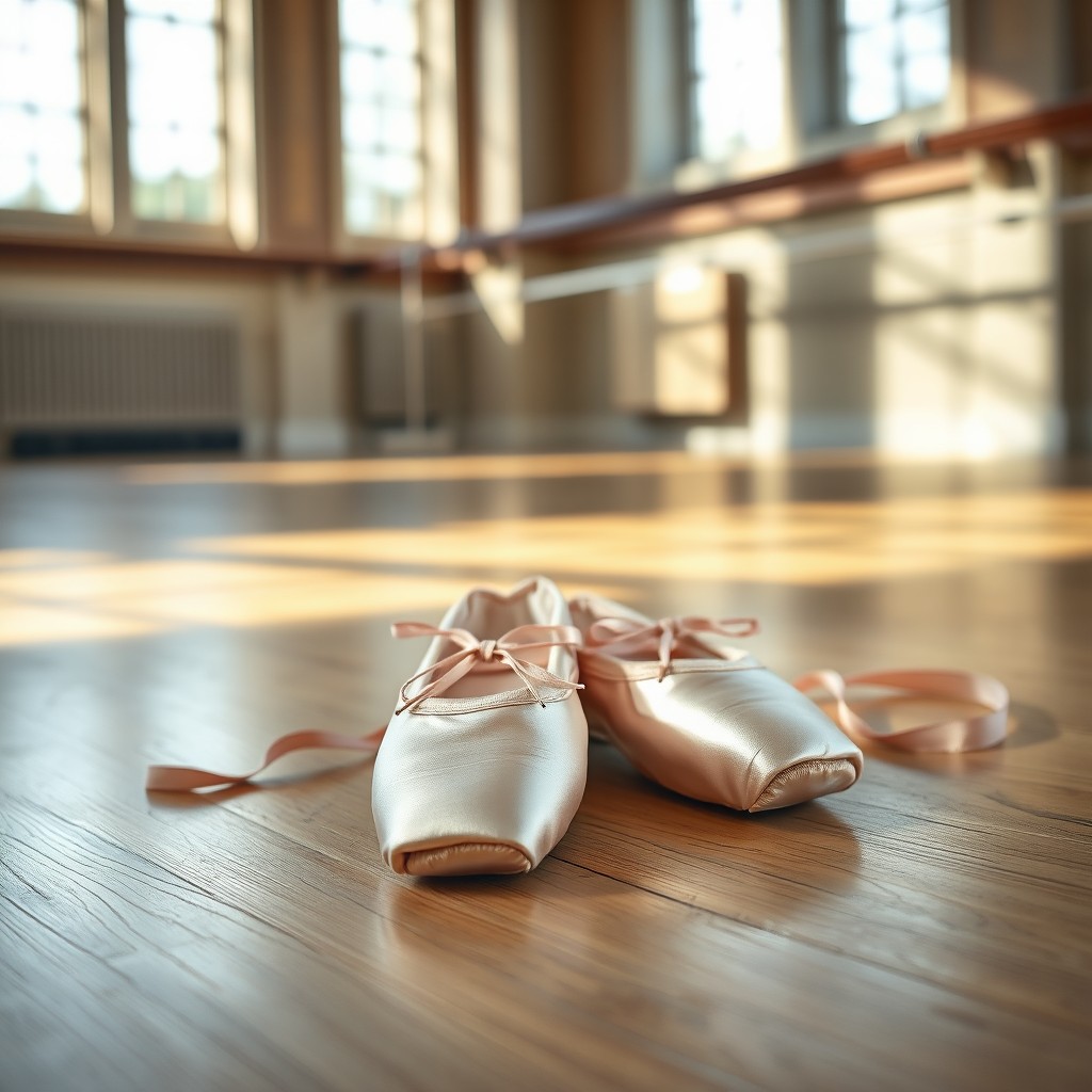 A pair of elegant ballet shoes delicately arranged on a wooden floor