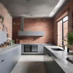 Architecturally stunning kitchen with elements of raw concrete and exposed brick.