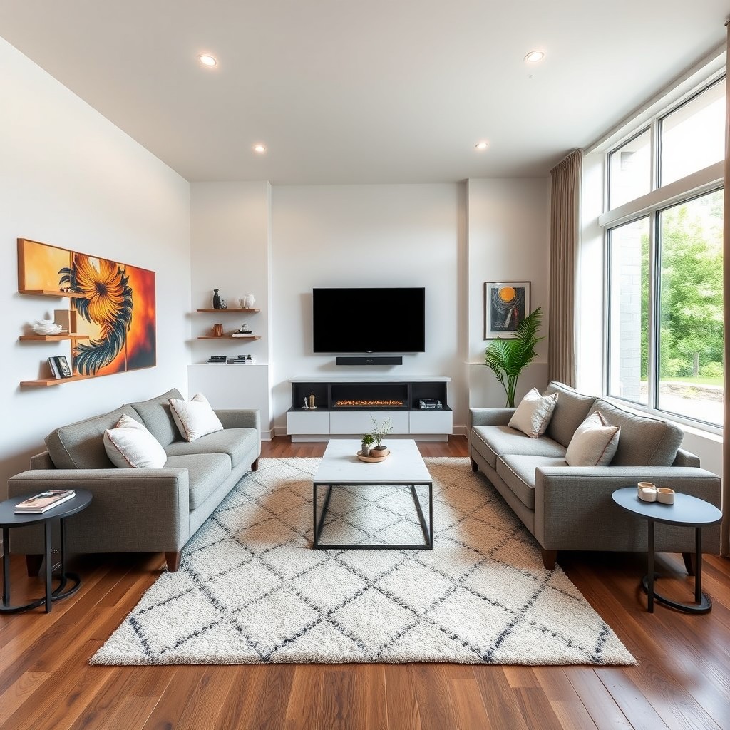 A spacious 12x24 living room showcasing a cozy couch positioned along the long wall, facing a modern flat-screen TV mounted on the opposite wall