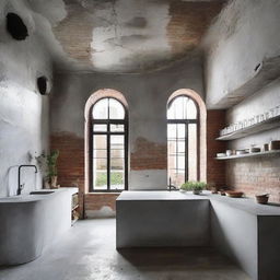 Grand and architecturally stunning kitchen with elements of raw concrete and exposed brick.