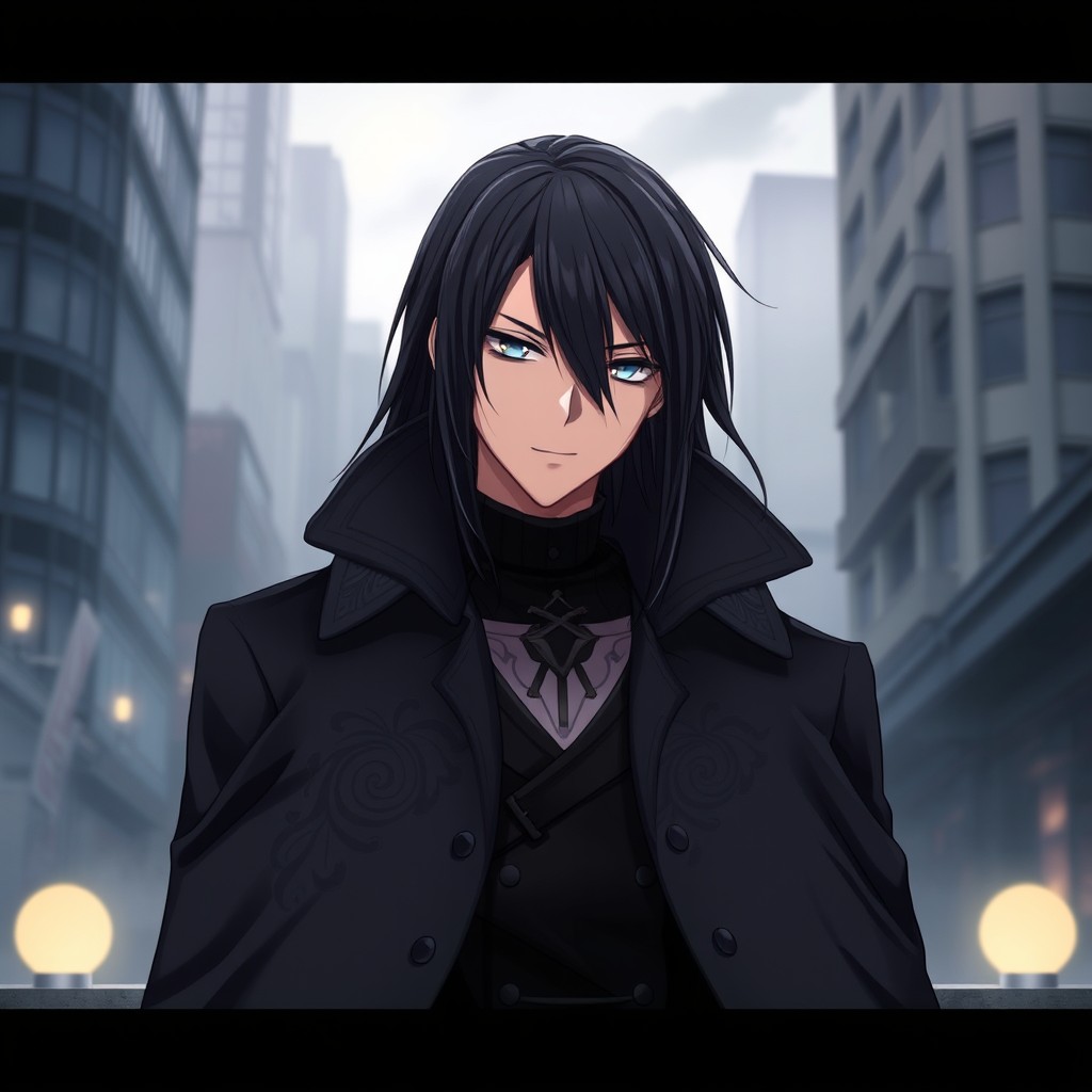 Anime male character with waist-length straight black hair, wearing a heavy black coat