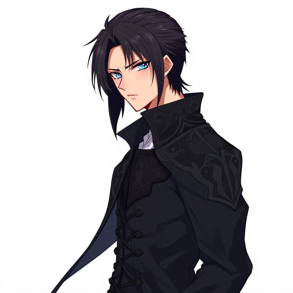 Anime male character with waist-length, straight hair swept back, wearing a heavy black coat