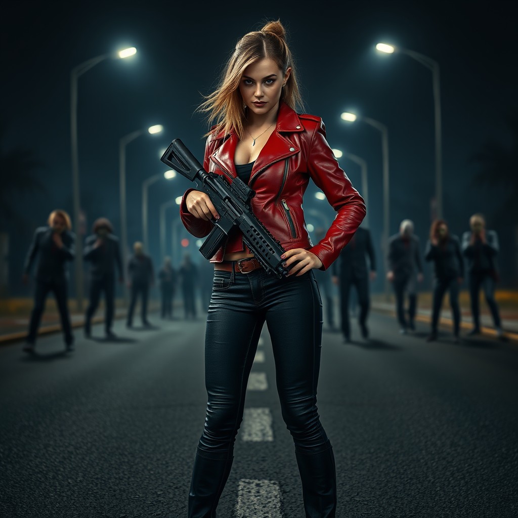 A hot girl exuding confidence, wearing a stylish red leather jacket paired with sleek black jeans