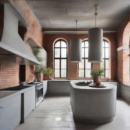 Grand and architecturally stunning kitchen with elements of raw concrete and exposed brick.