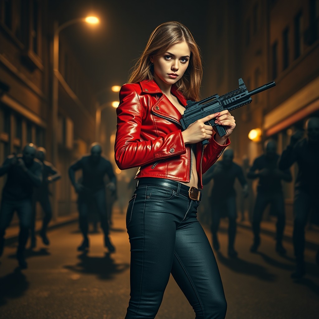 A hot girl exuding confidence in a striking red leather jacket and form-fitting black jeans