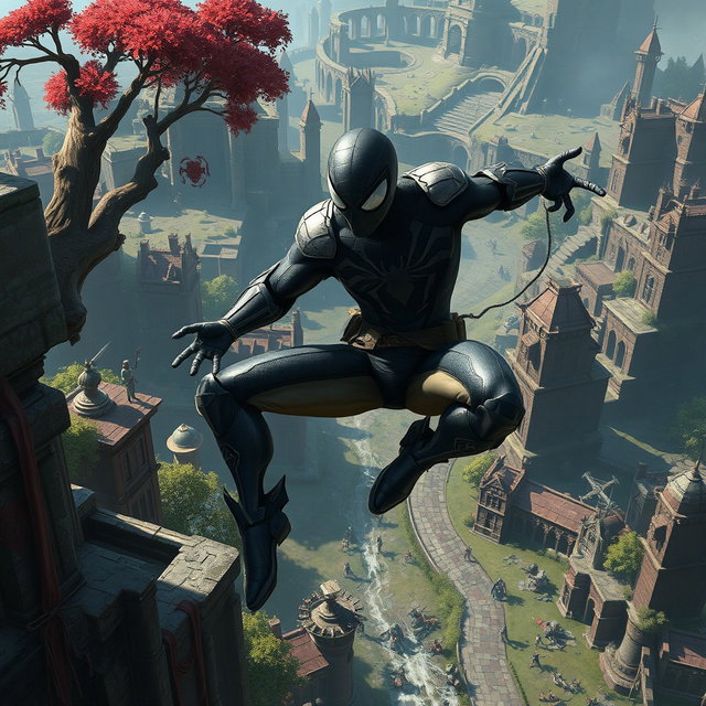 A dynamic crossover scene featuring a character inspired by Spiderman, intricately designed in a tactical, medieval fantasy setting reminiscent of Final Fantasy Tactics