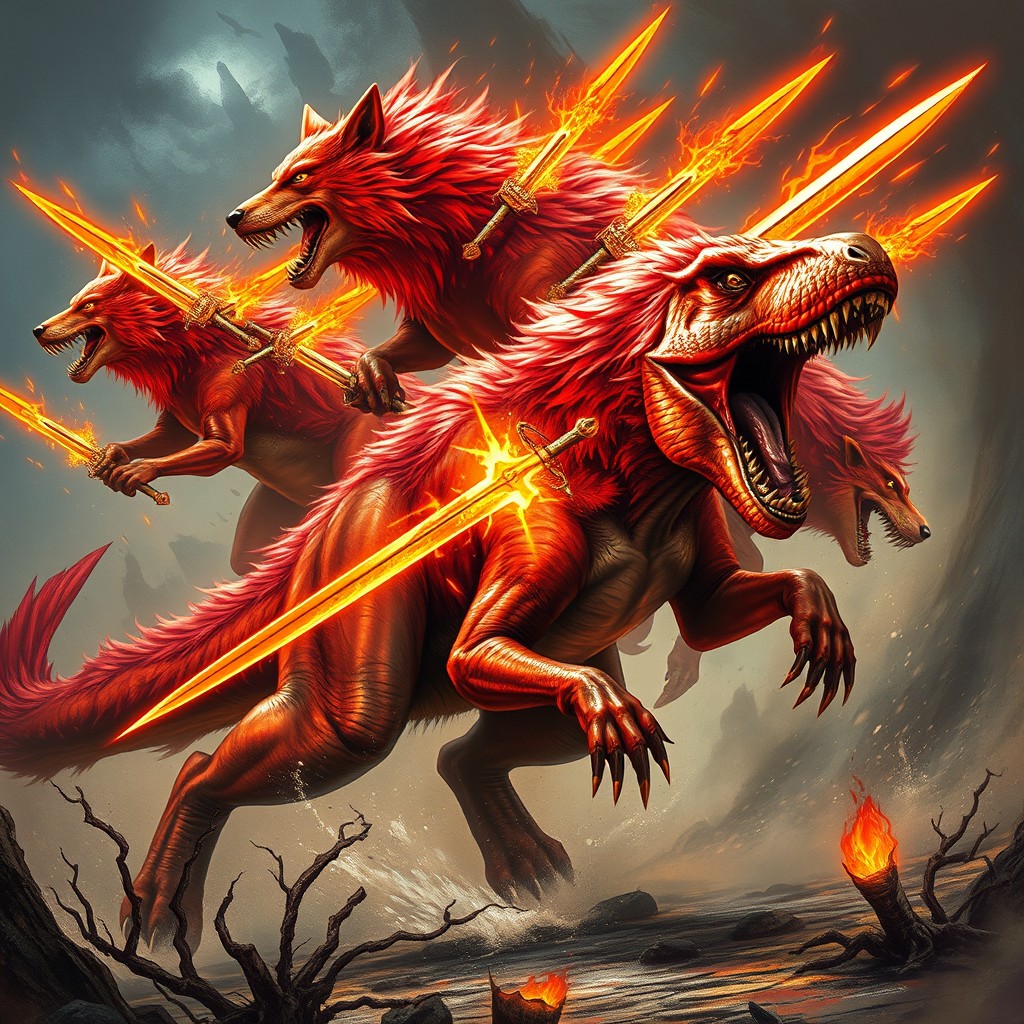 A semi-realistic painting featuring an epic battle scene with 5 colossal crimson wolves, their fur glowing like magma, skillfully summoning floating greatswords