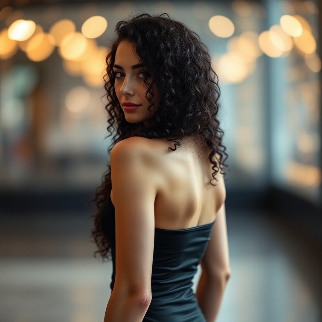 A stunning porcelain, fair-skinned woman with long, very dark curly hair, showcasing perfect skin