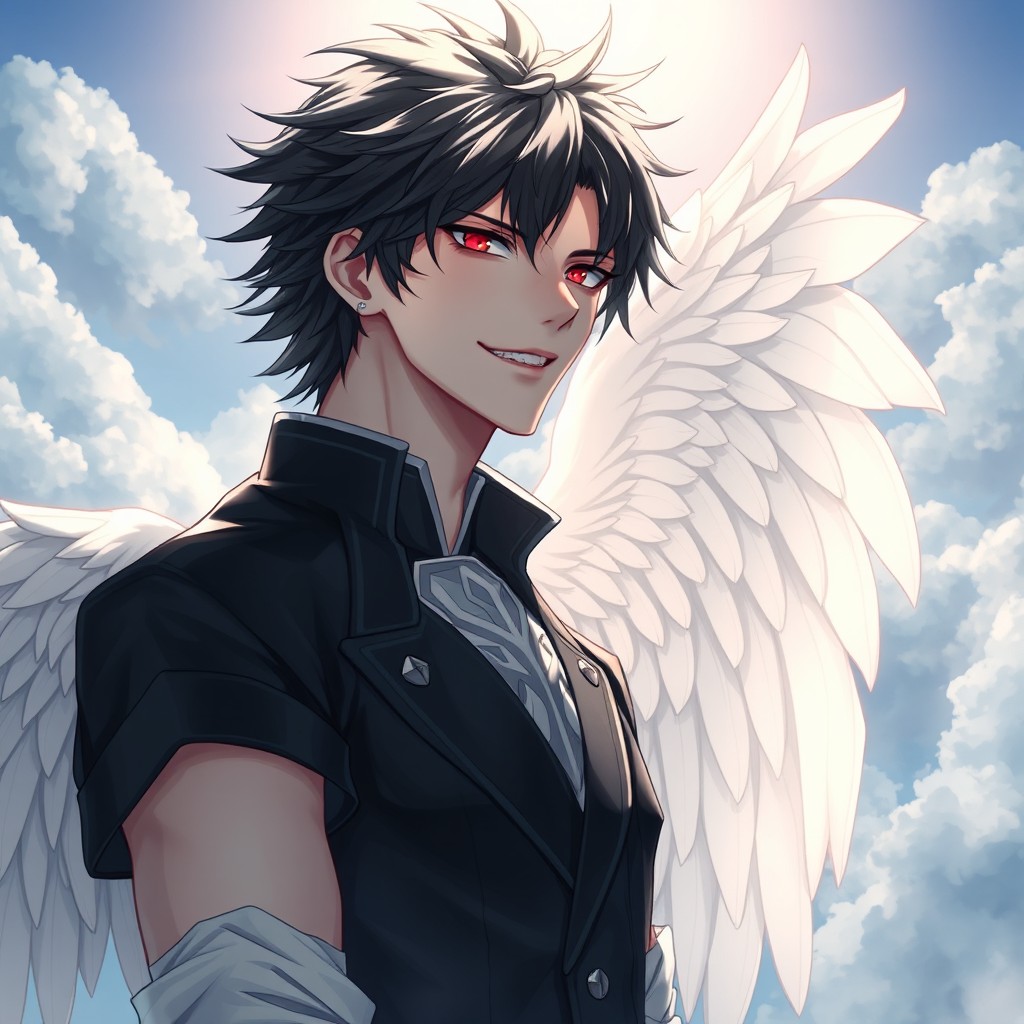A tall anime guy with pale skin and shaggy black hair, featuring striking pale red eyes and sharp teeth, wearing elegant angel attire