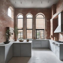 Grand and architecturally stunning kitchen with elements of raw concrete and exposed brick.