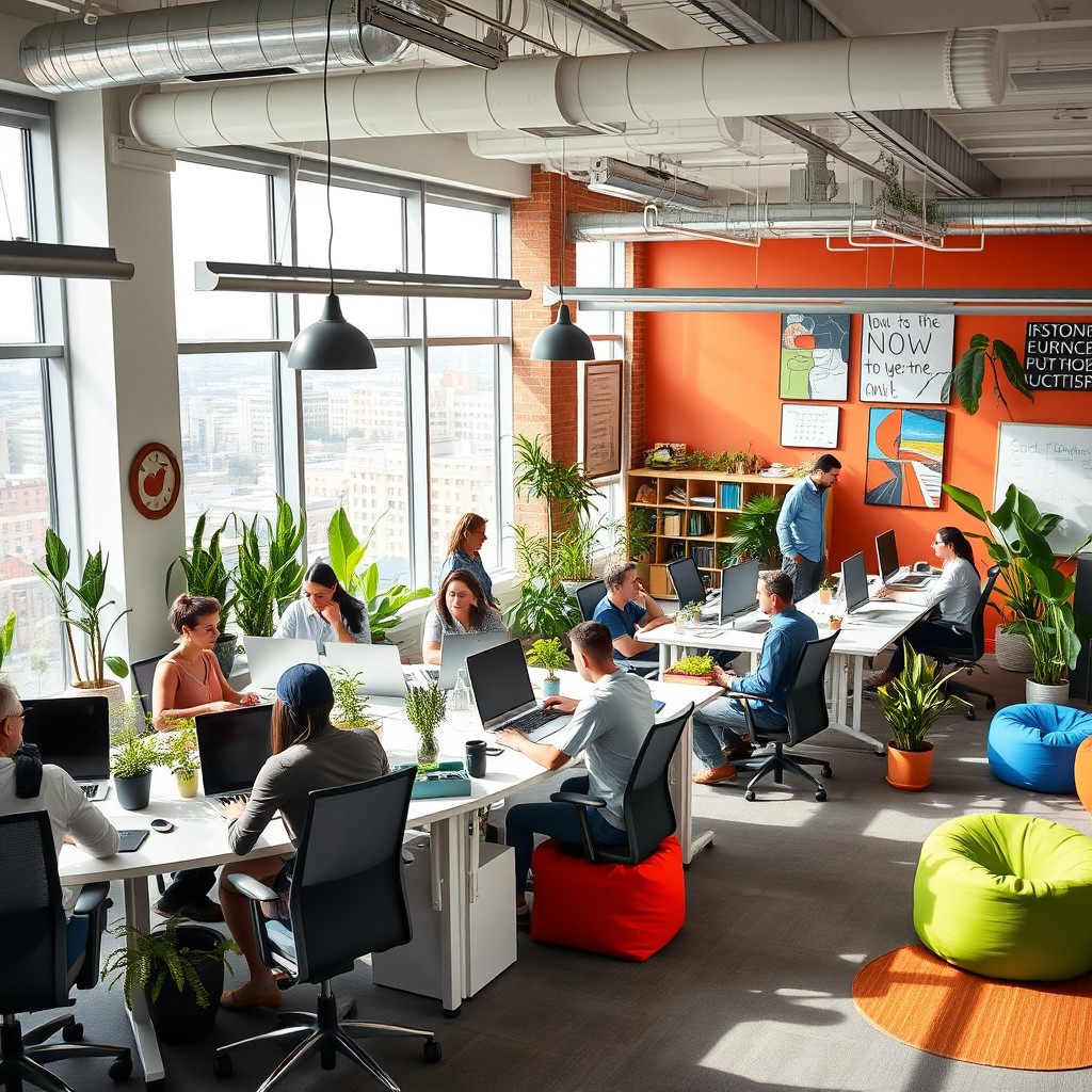 Inspiring Modern Coworking Office Setup: Vibrant Colors & Collaboration