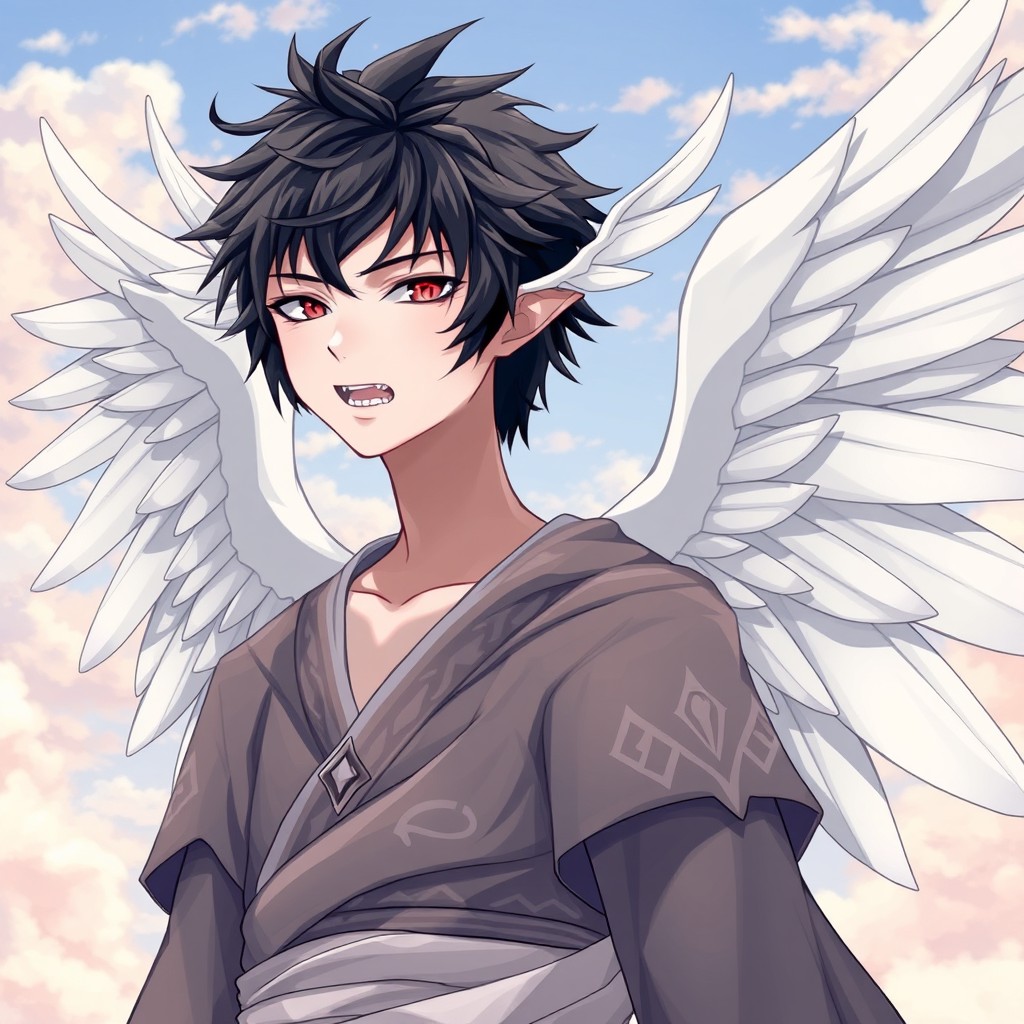 A tall anime boy with shaggy black hair, narrow pale red eyes, and sharp facial features