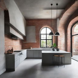 Grand and architecturally stunning kitchen with elements of raw concrete and exposed brick.