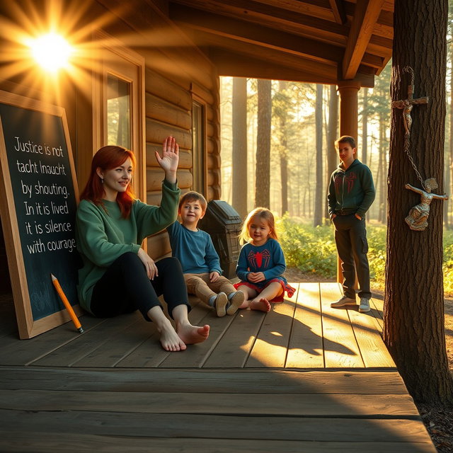 On a golden morning in a forest, Lina, a teacher with red hair, sits barefoot on the porch of a rustic cabin, wearing a green sweatshirt and black pants with dirt stains