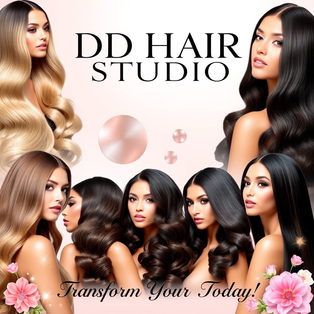 A vibrant and stylish poster for DD HAIR STUDIO, featuring luxurious hair extensions displayed elegantly