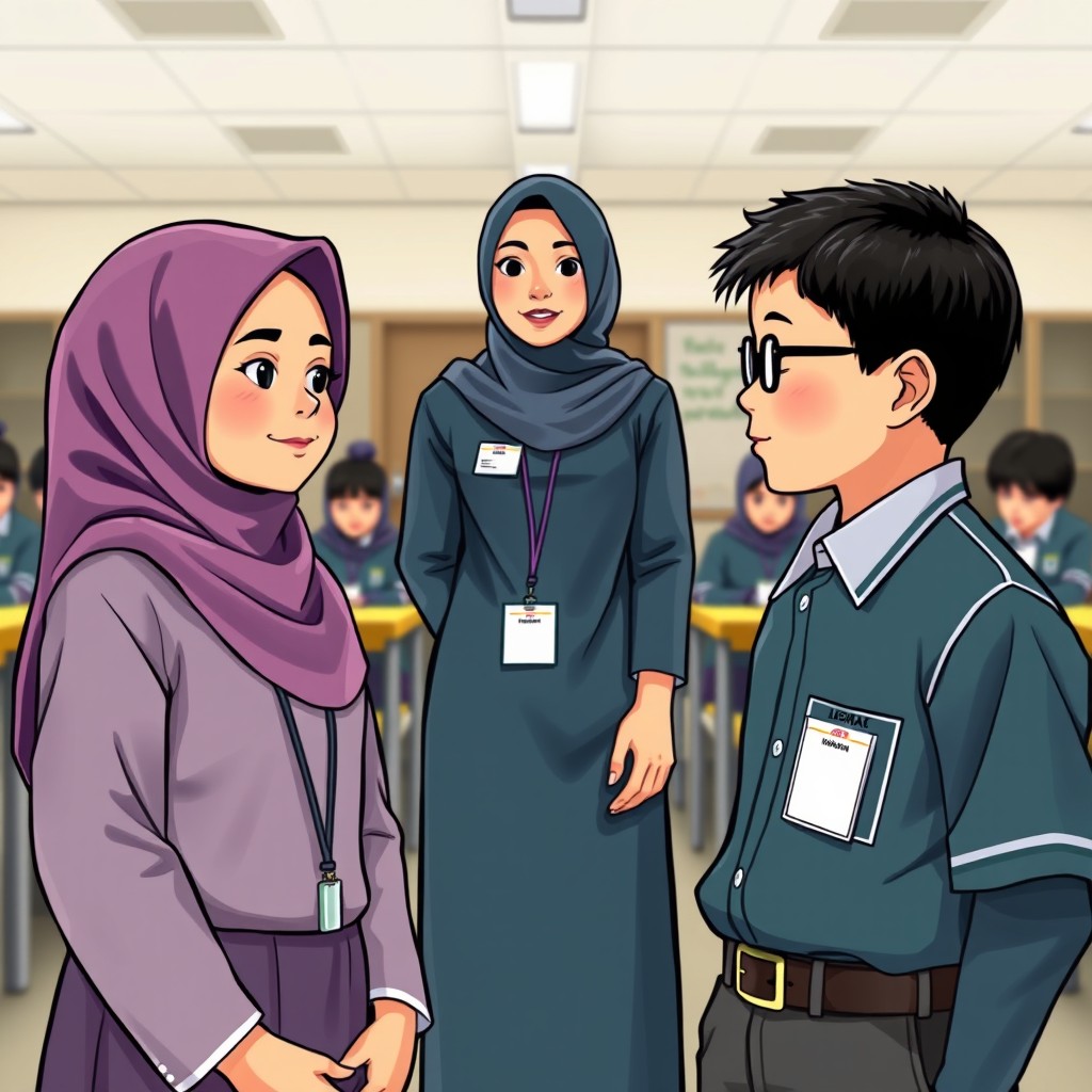 A portrait of Malaysian school students featuring a Malay girl wearing a hijab and a Malay boy, both in their school uniforms, standing apart with some distance from their female teacher, who is also wearing a hijab